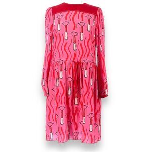 VALENTINO ZANDRA RHODES Lip Lipstick Print Silk Long Sleeve Dress Size 42 Pink